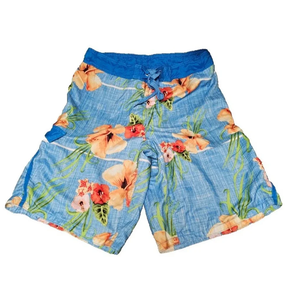 OP Board Shorts Mens Large Blue Tropical Hibiscus Floral Mesh Lined Swim Trunks